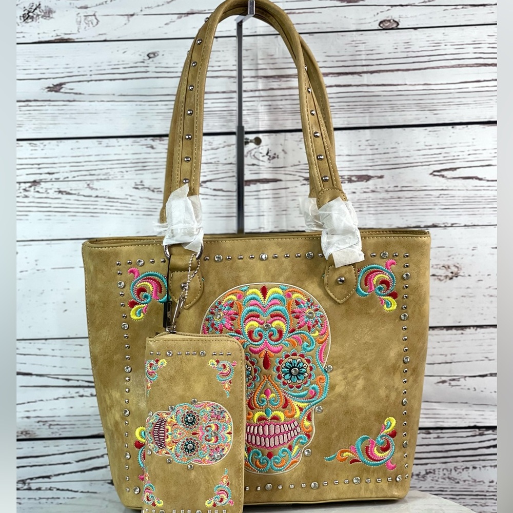 Montana West by American Bling Embroidered Sugar Skull Tote + Wallet